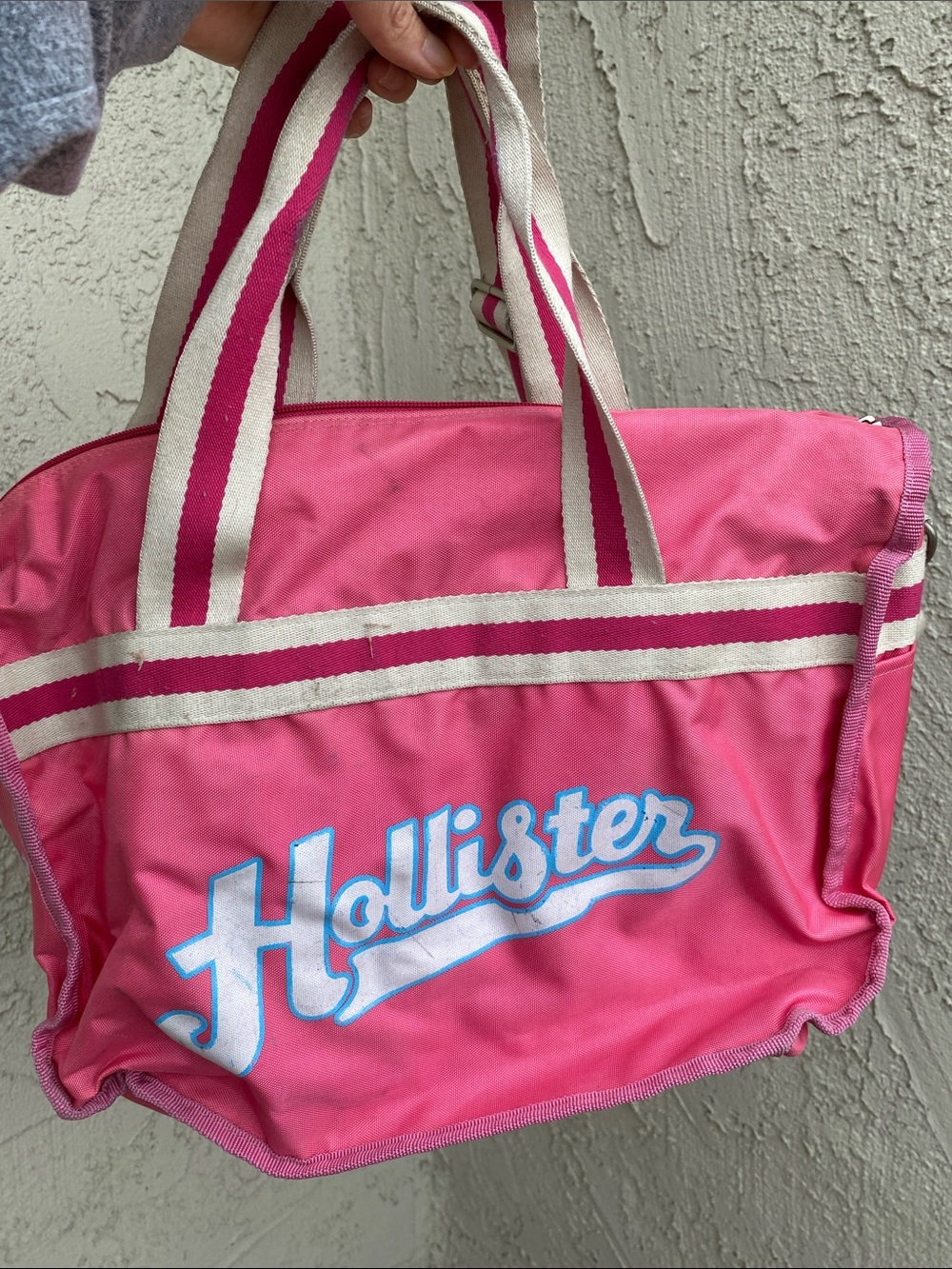 Hollister Hot Pink Canvas Tote with Cream-Striped Handles